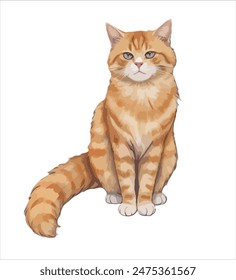 Realistic cute sitting cat with fluffy fur and fluffy tail vector illustration isolated on white background, stylized