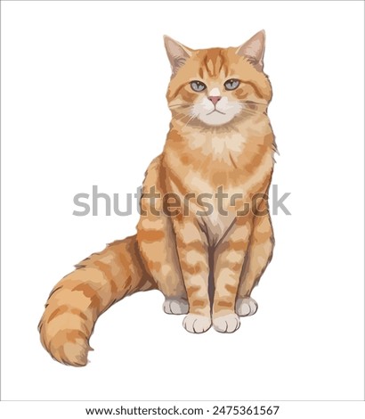 Realistic cute sitting cat with fluffy fur and fluffy tail vector illustration isolated on white background, stylized