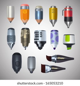 Realistic cute stationery drawing tools icons set. Stationery and art tools pens, pencils, auto pencil, ink pen, paintbrushes, stylus, markers and highlighter, isolated vector illustration.
