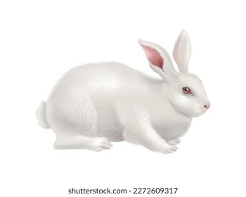 Realistic cute white rabbit against blank background vector illustration
