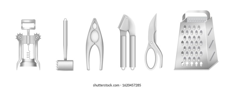 Realistic cutlery 3d set. Realistic corkscrew, metal grater, hammer for beating meat, scissors for meat, nutcracker for crack nuts and garlic gadget isolated. Realistic stainless metal kitchen vector