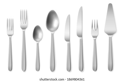 Cubertería realista. Tablero de plata 3d limpiador armario superior de colección de visión, cuchillos de acero, cucharas y tenedores. Herramientas de configuración de tabla de restaurante plantilla de diseño vector aislado en fondo blanco