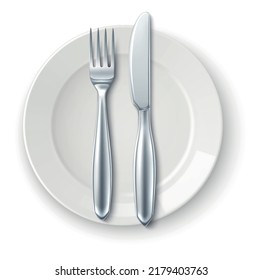 Realistic Cutlery On Plate. Finished Meal Waiter Signal