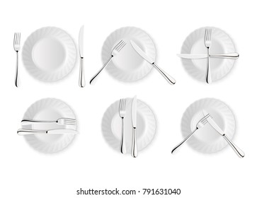 Realistic cutlery and signs of table etiquette, vector icons isolated on white background. Fork, knife and dish plate set. Design template, mockup of tableware. Top view