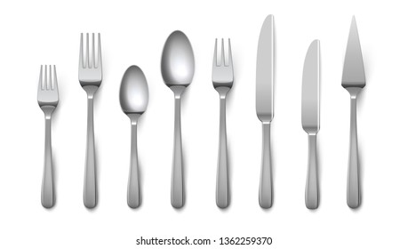 Realistic cutlery. Silverware fork knife spoon isolated on white background, stainless steel tableware flatware. Vector metal top view cutlery