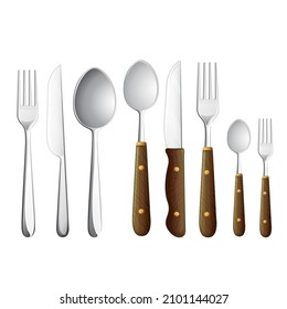 Realistic cutlery. Silverware fork knife spoon isolated on white background, stainless steel tableware flatware. metal top view cutlery