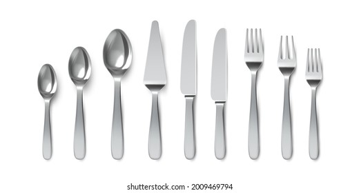 Realistisches Besteck. Löffel, Gabeln und Tischmesser. Silverware Utensilien zum Servieren. Dessertlöffel und Kuchenmesser. Metallgeschirr, Vektorset. Illustrationssilberware realistisch, Löffel und Messer