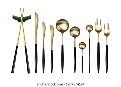 Realistic cutlery. Stainless steel tableware flatware.The set includes: knife, fork large and small, table, dessert and teaspoon, sushi sticks.