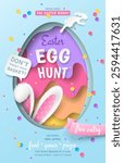 A realistic cutout egg, a paper rabbit, fluffy bunny ears, ribbon, a speech bubble, and colourful confetti are on the Easter Egg Hunt poster template. Vector blue cartoon background for festive flyers