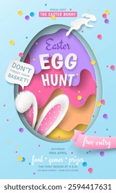 A realistic cutout egg, a paper rabbit, fluffy bunny ears, ribbon, a speech bubble, and colourful confetti are on the Easter Egg Hunt poster template. Vector blue cartoon background for festive flyers