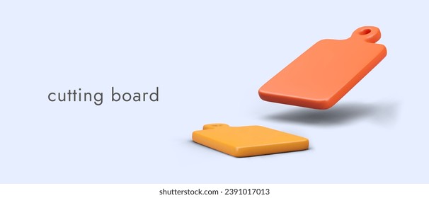 Realistic cutting boards of different colors and sizes. Kitchen utensils for cutting, slicing, chopping ingredients. Vector color banner for kitchen equipment store