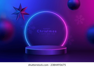 Realistic cylinder podium with illuminate glowing circles neon lamp. Christmas time. Handing 3d balls and star reflective neon light. Mockup product display.