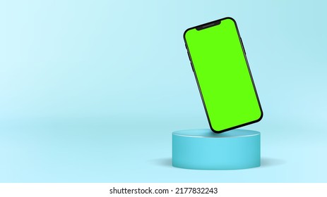 Realistic Cylinder Podium Modern Smartphone Standing Green Screen Blank Mockup Template