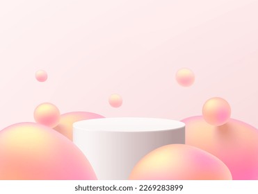 Realistic cylinder product podium 3D background with fluid liquid shape in pink, yellow color. Minimal wall scene mockup product stage showcase, Kid promotion display. Abstract vector geometric forms.