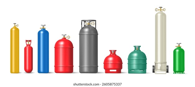 Realistic cylinders of hydrogen or oxygen, propane or acetylene compressed gas. Vector metal containers or pressurized vessels for storing and transporting. LPG canisters or storage barrels