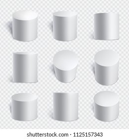 Realistic cylinders set. Three-dimensional solid geometrical figure shown in different positions, mathematics educational tool. 3d cylinders isolated from background.