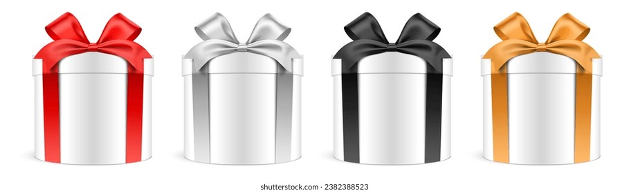 Realistic cylindrical giftbox set, vector illustration. Round shape white gift boxes with colorful ribbons, isolated on background.