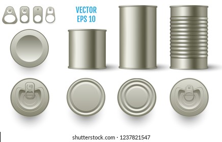 Realistic cylindrical tin mockup cans various height. Realistic 3d tin can mock up set. Top and side view. Vector illustration