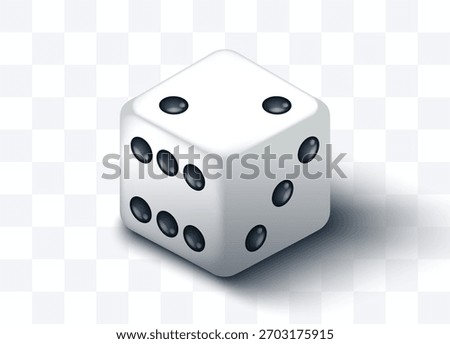 Realistic D6 dice vector illustration. Detailed six-sided cube with light and shadow. Perfect for casino, board games, luck, and entertainment design projects.