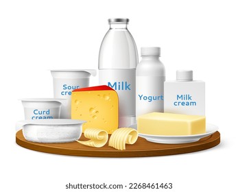 Realistic dairy healthy products background. Milk food and drinks composition, plastic, glass and cardboard packaging, yogurt and cheese, white blank labels 3d elements, utter vector concept