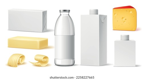 Productos lácteos realistas. Diferentes bebidas y alimentos lácteos naturales, envases 3d con etiqueta en blanco, yogur, mantequilla y queso, botellas de cartón y vidrio en blanco, objetos aislados, conjunto absoluto de vectores