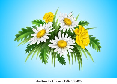 Realistic daisy and cornflowers bouquet. Elegant valentines day, international women day holiday decoration. Vector wedding, marriage invitation card objects. Beautiful vintage florals sign of love