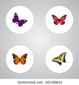 Realistic Danaus Plexippus, Azure Peacock, Checkerspot And Other Vector Elements. Set Of Moth Realistic Symbols Also Includes Tiger, Swallowtail, Pink Objects.