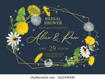 Realistic dandelions frame with thin lines editable ornate text and flowers with fresh leaves and feathers vector illustration
