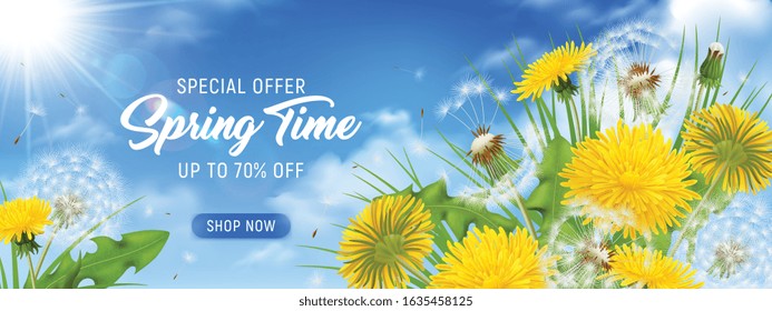 Realistic dandelions horizontal poster with clickable shop now button editable advertising text and natural sky landscape vector illustration