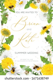 Realistic dandelions vertical poster with ornate text editable date time and fresh leaves with yellow flowers vector illustration