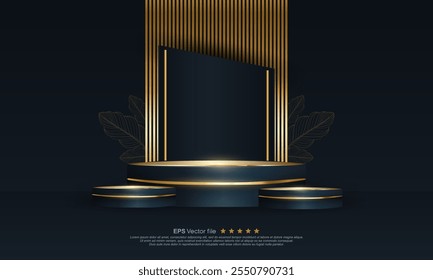 Realistic dark 3D round podium set background with gold backdrop. Stage showcase. Platforms vector geometric design