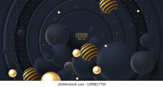 Realistic dark abstract overlap background with 3d sphere. Golden and black bubbles. Vector illustration of balls textured with glittering paillettes and striped pattern. 
vector