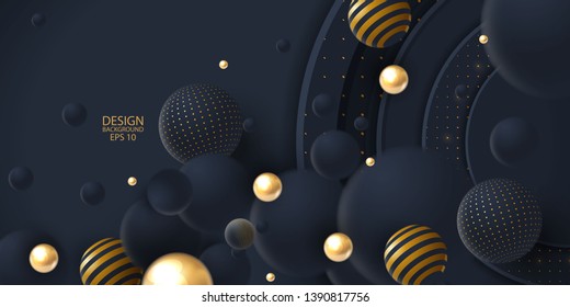 Realistic dark abstract overlap background with 3d sphere. Golden and black bubbles. Vector illustration of balls textured with glittering paillettes and striped pattern. 
vector