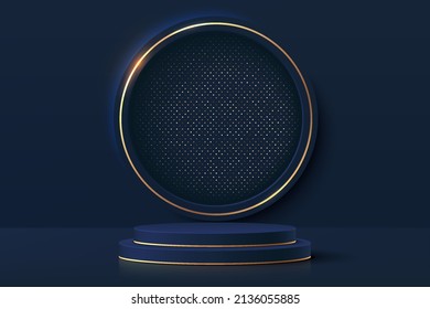 Realistic dark blue 3D cylinder pedestal podium with luxury shiny glitter in golden circle window. Scene for products stage showcase, promotion display. Vector geometric forms. Abstract studio room.