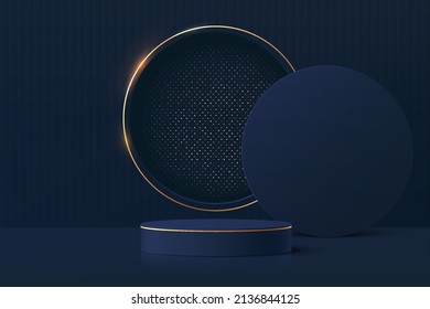 Realistic dark blue 3D cylinder pedestal podium with luxury shiny glitter in golden circle window. Scene for products stage showcase, promotion display. Vector geometric forms. Abstract studio room.