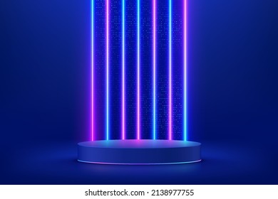 Realistic dark blue 3D cylinder pedestal podium. Sci-fi abstract room with vertical illuminate neon lighting and shiny dots glitter. Vector rendering geometric forms, Product display. Futuristic scene