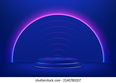 Realistic dark blue 3D cylinder pedestal podium. Sci-fi abstract room with semi circle illuminate neon lighting background. Vector rendering geometric forms, Product display stage. Futuristic scene.