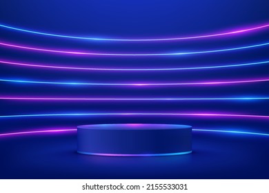 Realistic dark blue 3D cylinder pedestal podium. Sci-fi abstract room with horizontal illuminate neon lamps lighting. Vector rendering geometric form, Product display. Futuristic scene. Stage showcase