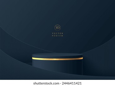 Realistic dark blue 3D cylinder podium with dark blue paper swirl flow on empty studio background.  Minimal wall scene mockup products, Round stage showcase, promotion display. Vector abstract room.