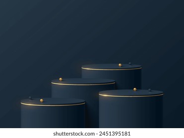 Realistic dark blue 3D cylindrical product podium set with golden stripe background. Abstract luxury minimal 3D mockup, Product display presentation, Stage showcase. Platforms vector geometric design.