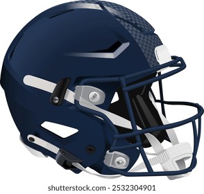 Capacete 3D azul escuro realista para o futebol americano com penas estilizadas. Máscara azul escura e cinta do queixo