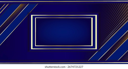 Fondo Abstractas azul oscuro realista con Ilustración vectorial de Formas de oro. Fondo azul moderno con Formas doradas con líneas doradas brillantes. Ilustración vectorial