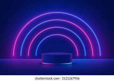 Realistic dark blue cylinder pedestal podium with illuminate semi circles neon lamp in futuristic style. Minimal scene for products showcase, Stage promotion display. Vector abstract room platform.