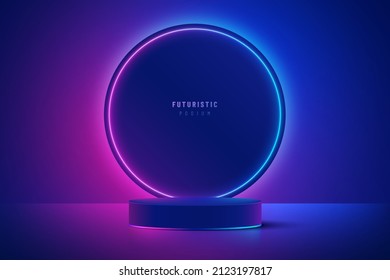 Realistic dark blue cylinder pedestal podium with illuminate glowing circles neon lamp in futuristic style. Minimal scene for products showcase, Stage promotion display. Vector abstract room platform.