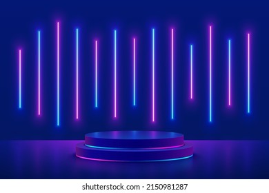 Realistic dark blue cylinder pedestal podium with glowing vertical lamps neon light line in futuristic style. Minimal scene for mockup products, Stage showcase, Promotion display. Abstract 3D room.