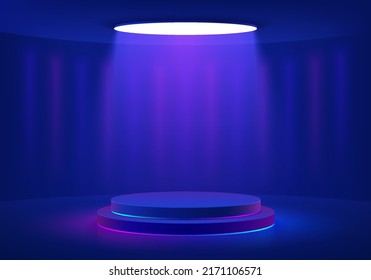 Realistic dark blue cylinder pedestal podium with glowing  round ceiling neon light in futuristic style. Minimal scene for mockup products, Stage showcase, Promotion display. Vector abstract 3D room.