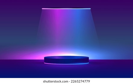 Realistic dark blue podium with glowing neon lamps and light lines in futuristic design. Display room with scene for showing products. Empty show studio room with 3d stage vector background.