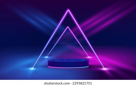 Realistic dark blue podium with glowing neon lamps and light lines in futuristic design. Display room with scene for showing products. Empty show studio room with 3D stage vector background.