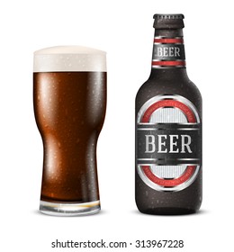 Realistic dark brown vector beer bottle with  label and glass