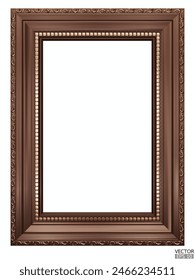 Realistic dark brown wooden vintage frame isolated on white background.  Rectangle frames mockup. Classic Photo frame. Brown border for painting, poster, and photo gallery. 3d vector illustration.